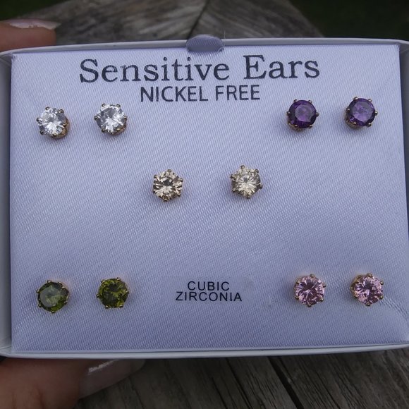 Sensitive ears nickel free cubic zirconia stud earrings 5 pairs - Picture 4 of 14